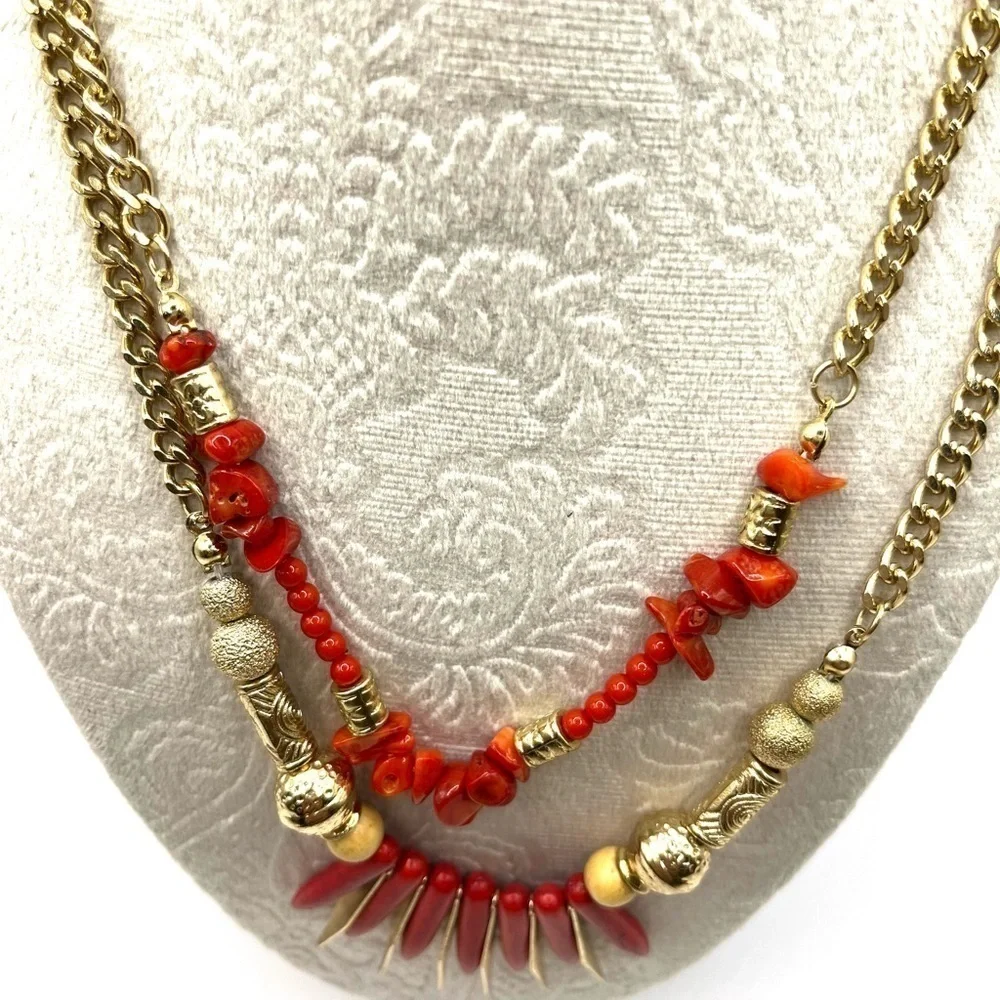 Fire Beads with Tribal Flare Layered Chain Necklace Red stone and long Gold bead